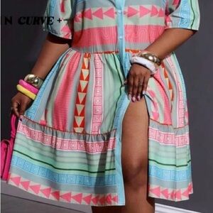 SHEIN Pink and Green Puff Sleeve Sundress